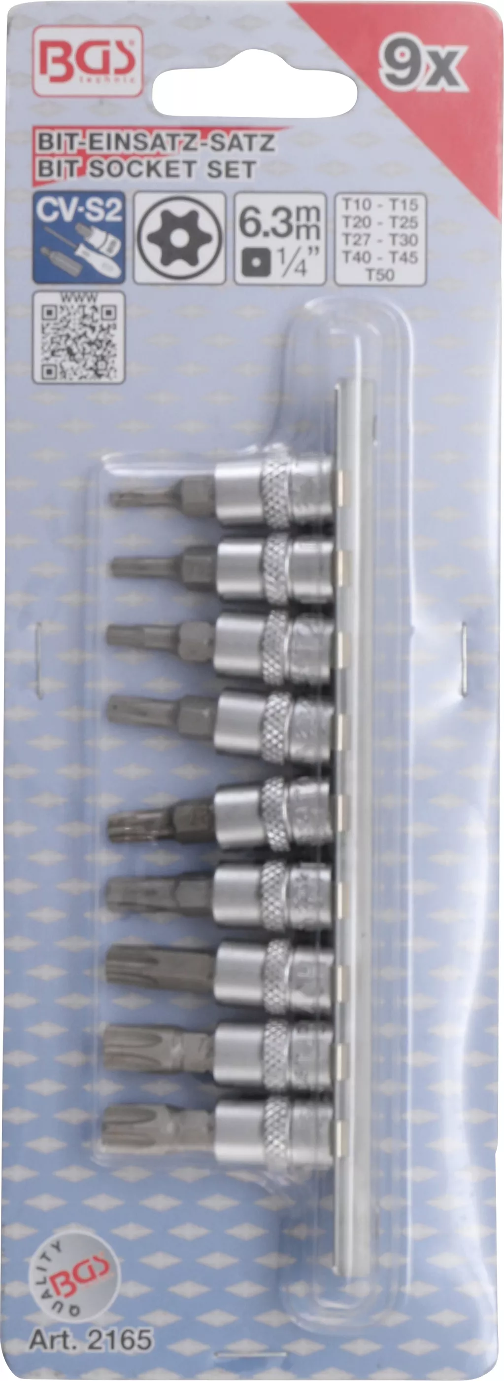 Sada hlavic s bity TORX 1/4" s otvorem, T10 - T50, 9 ks, BGS - B2165