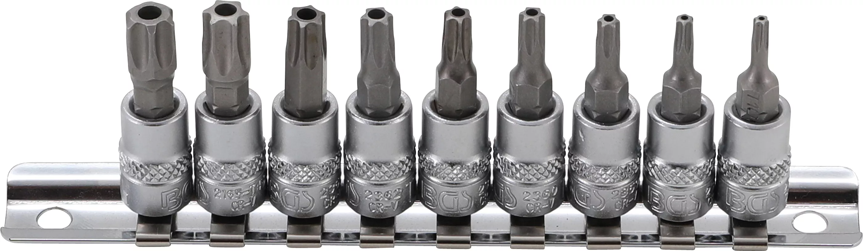 Sada hlavic s bity TORX 1/4" s otvorem, T10 - T50, 9 ks, BGS - B2165