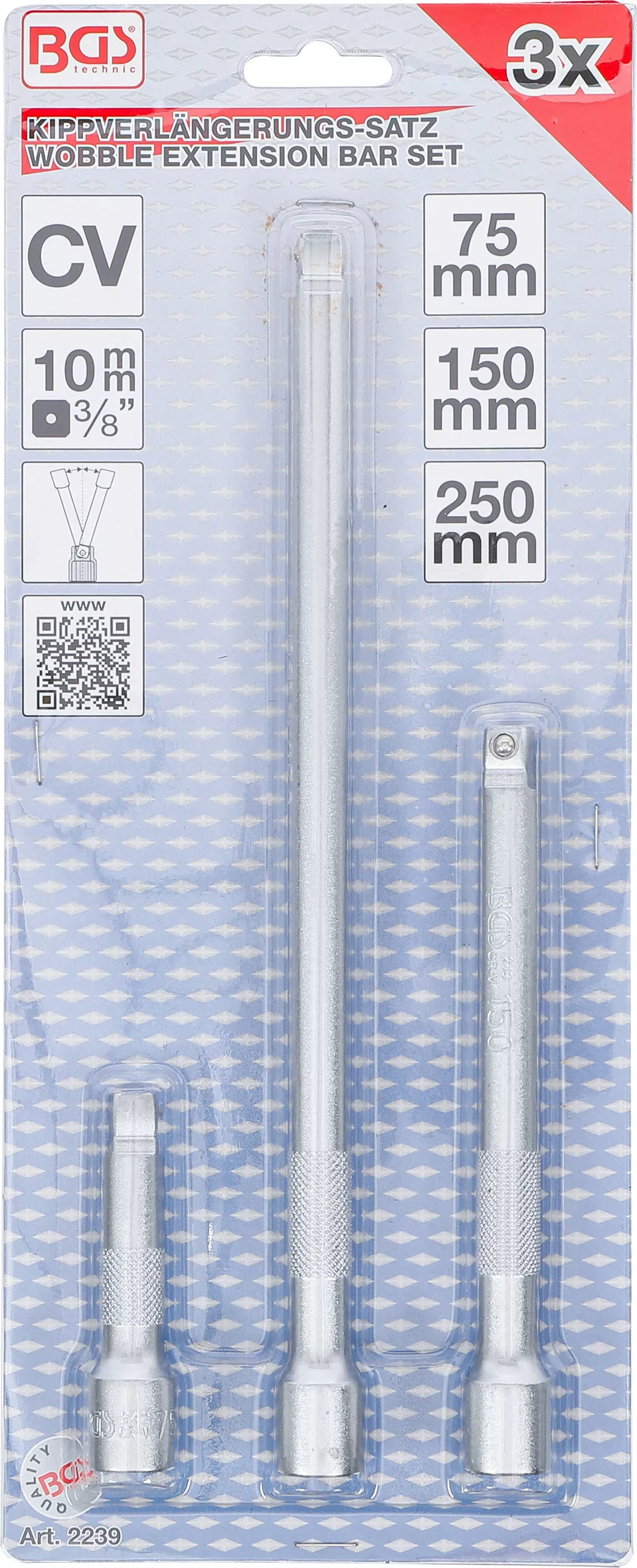 Prodlužovací nástavce 3/8", 75 / 150 / 250 mm, sada 3 ks, BGS 2239