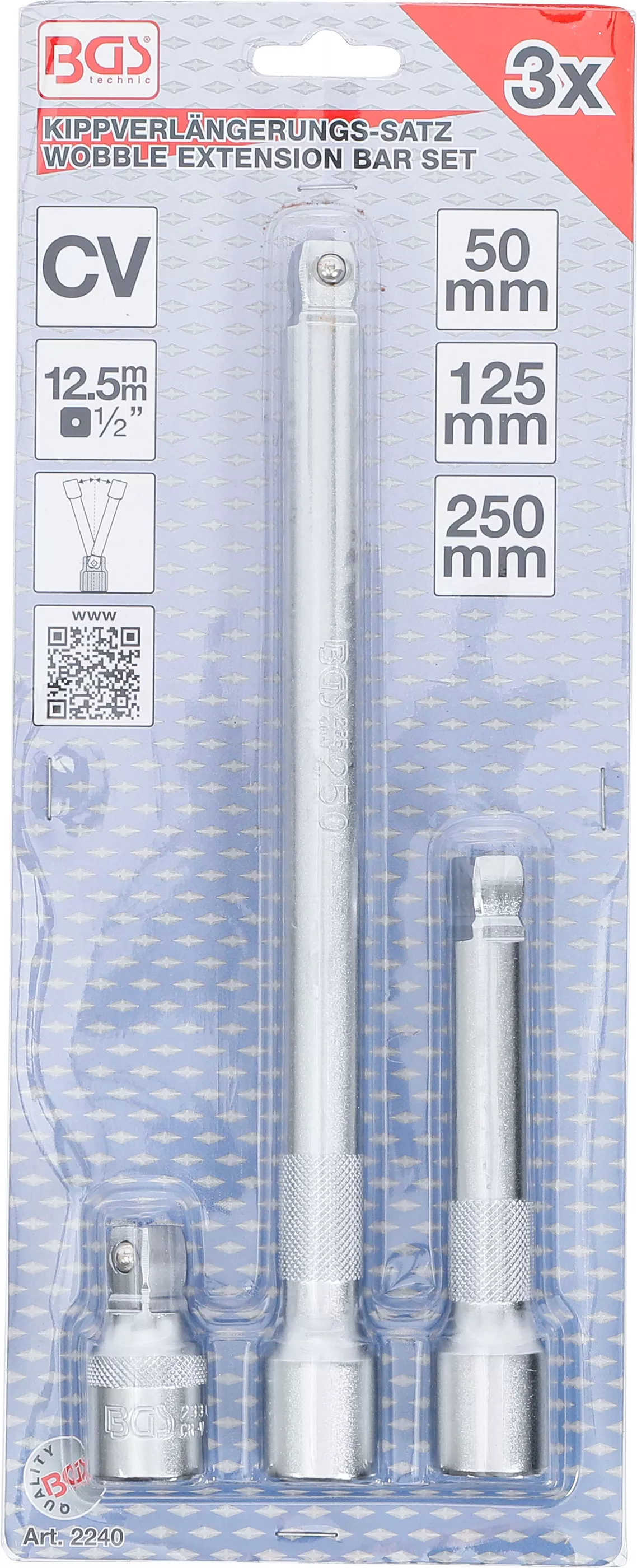 Prodlužovací nástavce 1/2", 50 / 125 / 250 mm, sada 3 ks, BGS 2240
