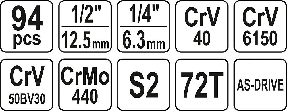 Gola súprava 1/4" a 1/2", 94 ks - YT-12681