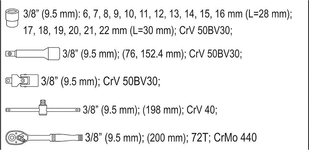 Gola súprava 3/8", 22 ks - YT-38561