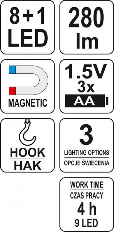Lampa montážna 8 +1 LED, hák + magnet - YT-08513