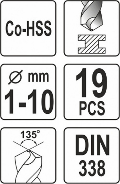 Súprava vrtákov na kov 19ks HSS-COBALT 1-10mm