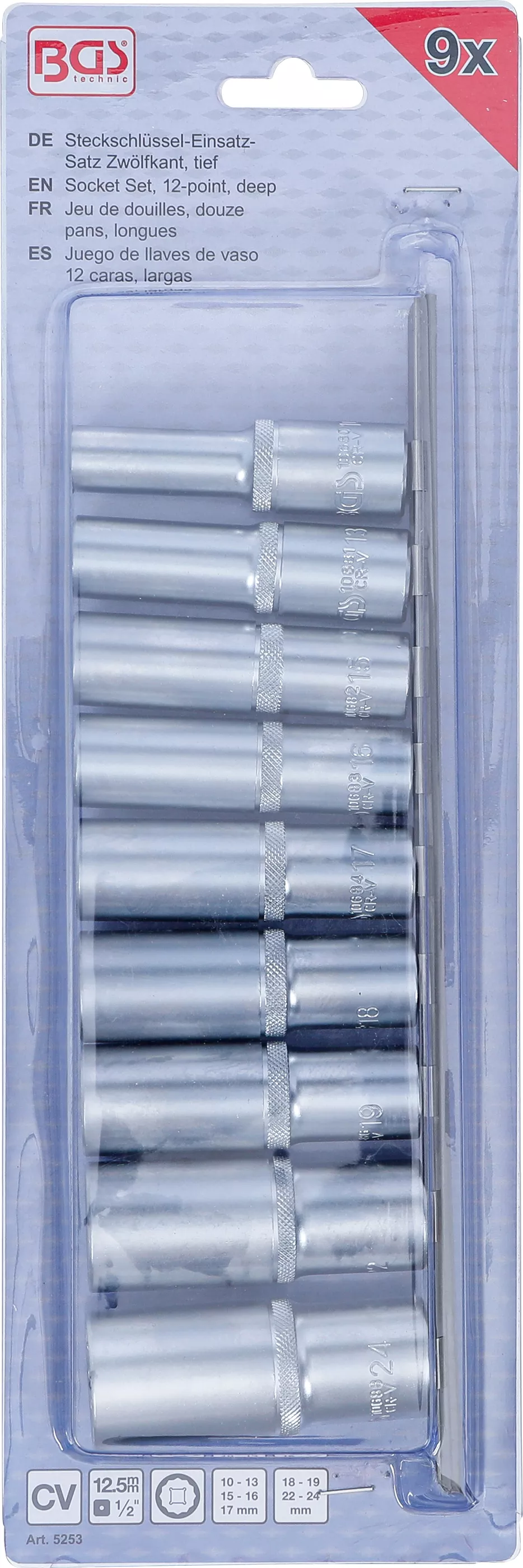 Sada nástrčných hlavic 1/2", dvanáctihran, 10 - 24 mm, 9 ks, BGS 5253