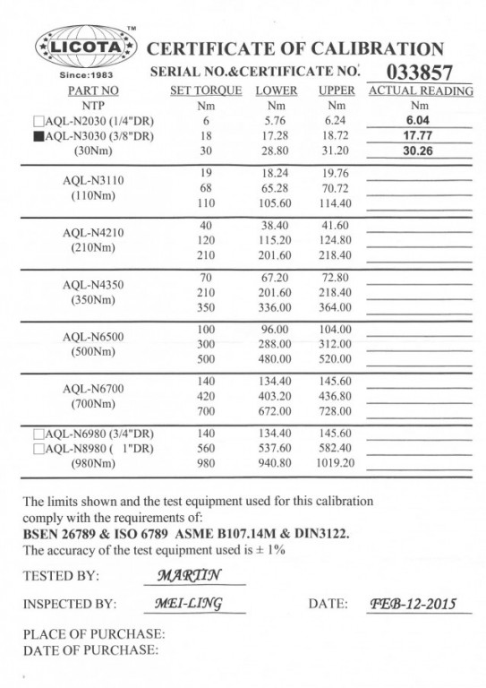 Momentový kľúč - 3/8" s certifikátom, 6-30 Nm - LIN3030