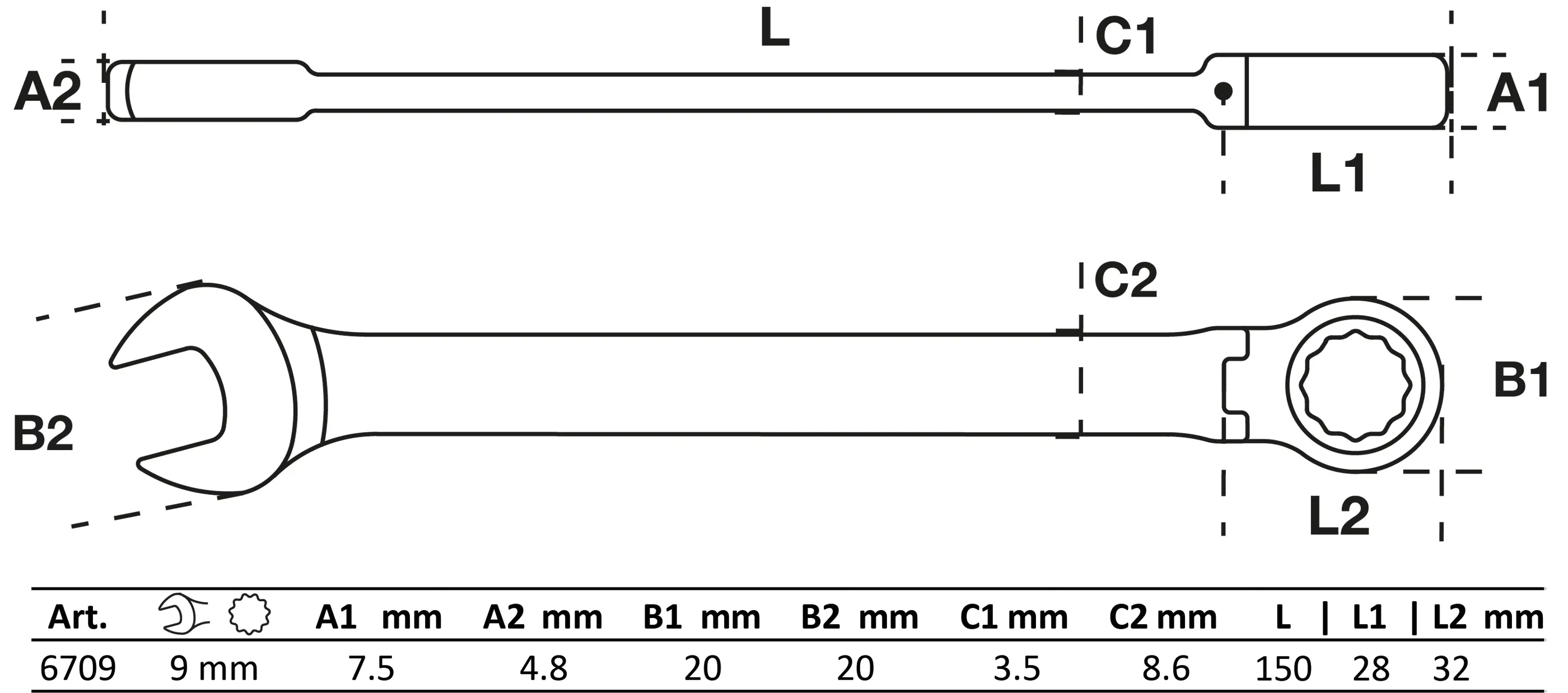 Ráčnový očkoplochý klíč 9 mm s kloubem, BGS - B6709