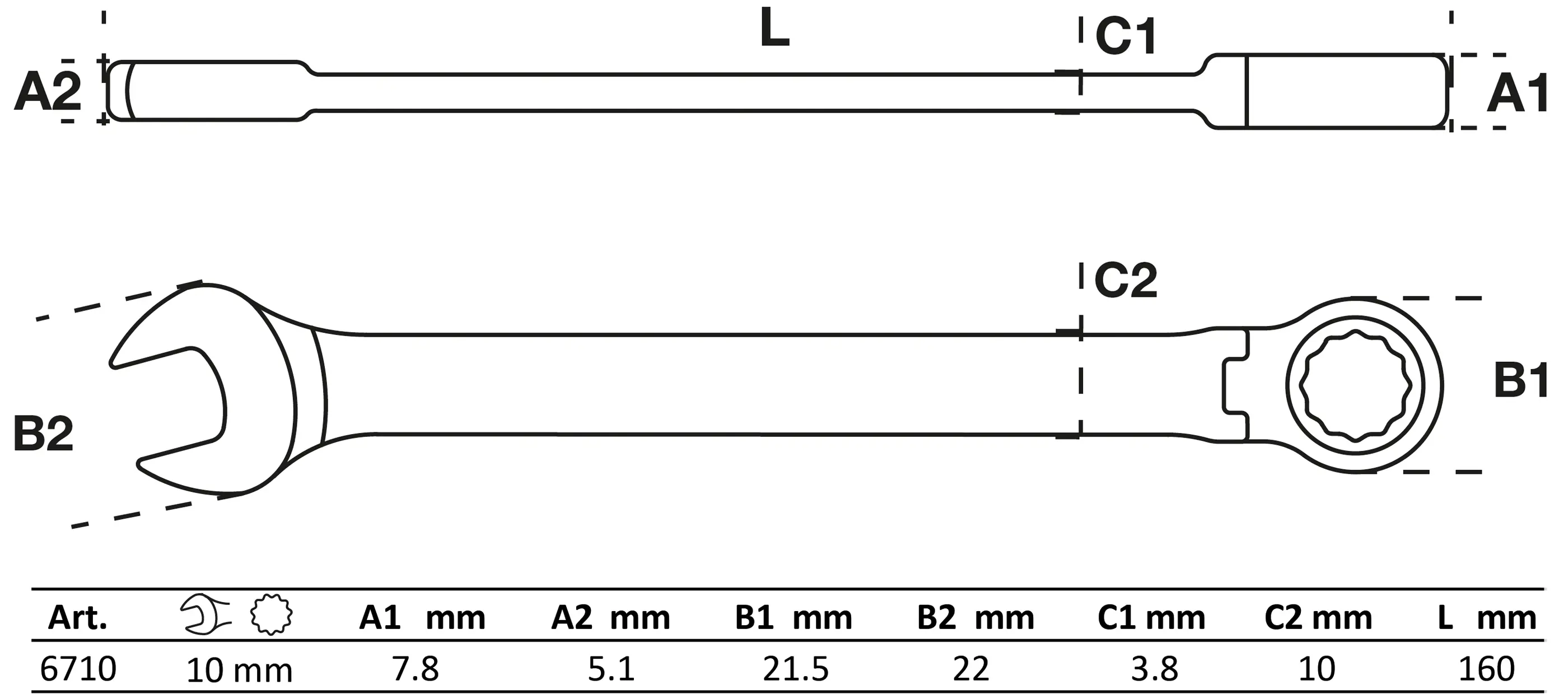 Ráčnový očkoplochý klíč 10 mm s kloubem, BGS - B6710