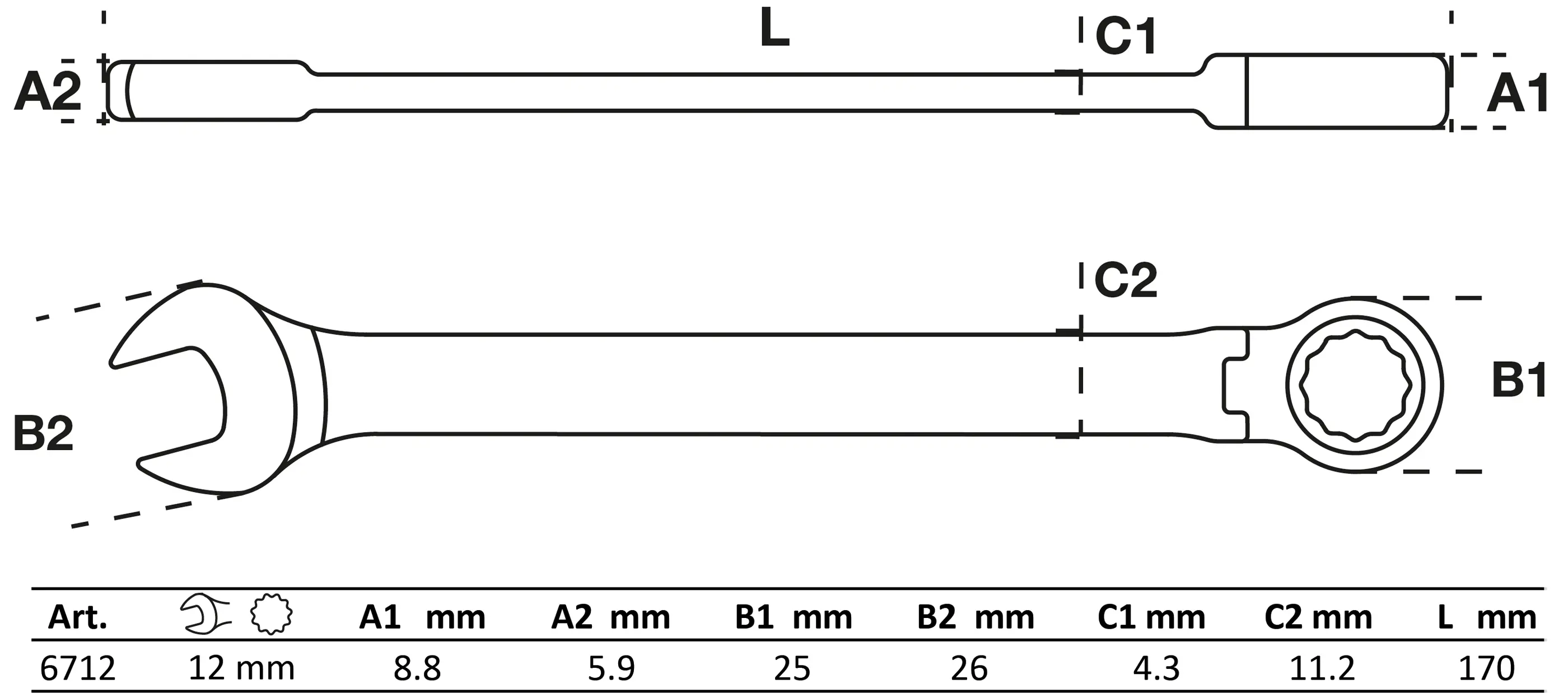 Ráčnový očkoplochý klíč 12 mm s kloubem, BGS - B6712