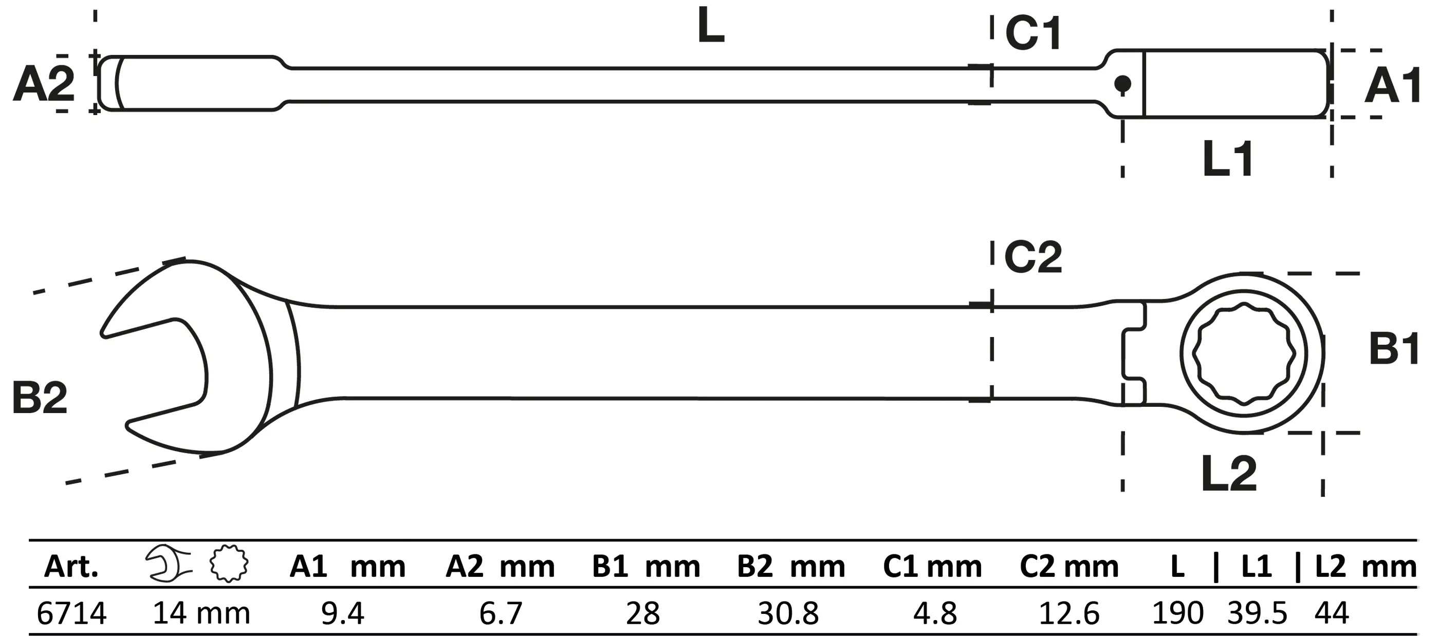 Ráčnový očkoplochý klíč 14 mm s kloubem, BGS - B6714