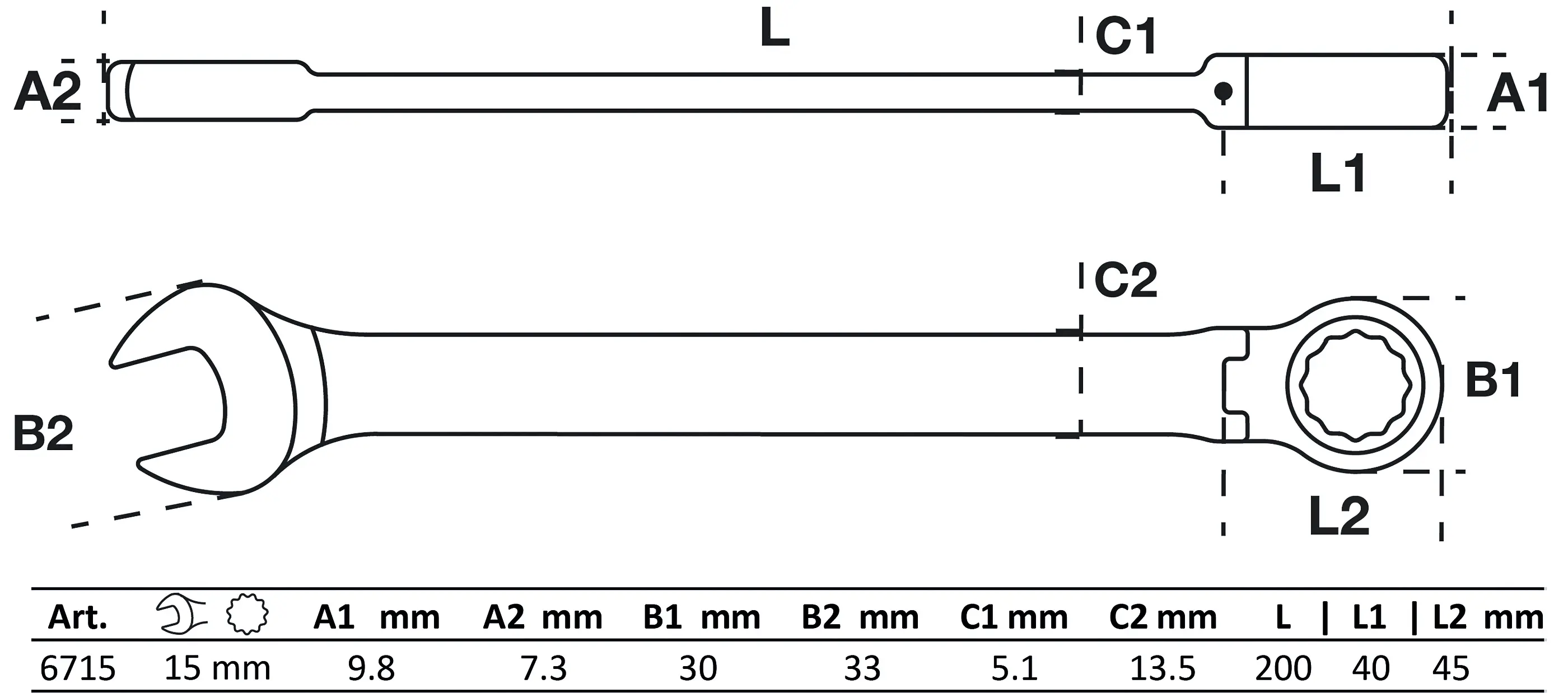 Ráčnový očkoplochý klíč 15 mm s kloubem, BGS - B6715