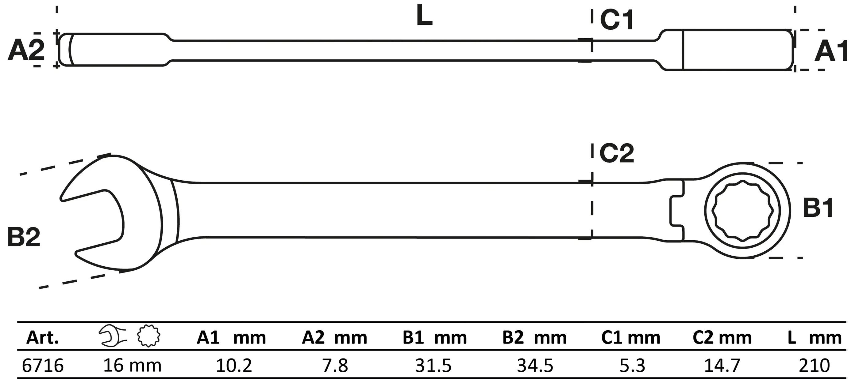 Ráčnový očkoplochý klíč 16 mm s kloubem, BGS - B6716