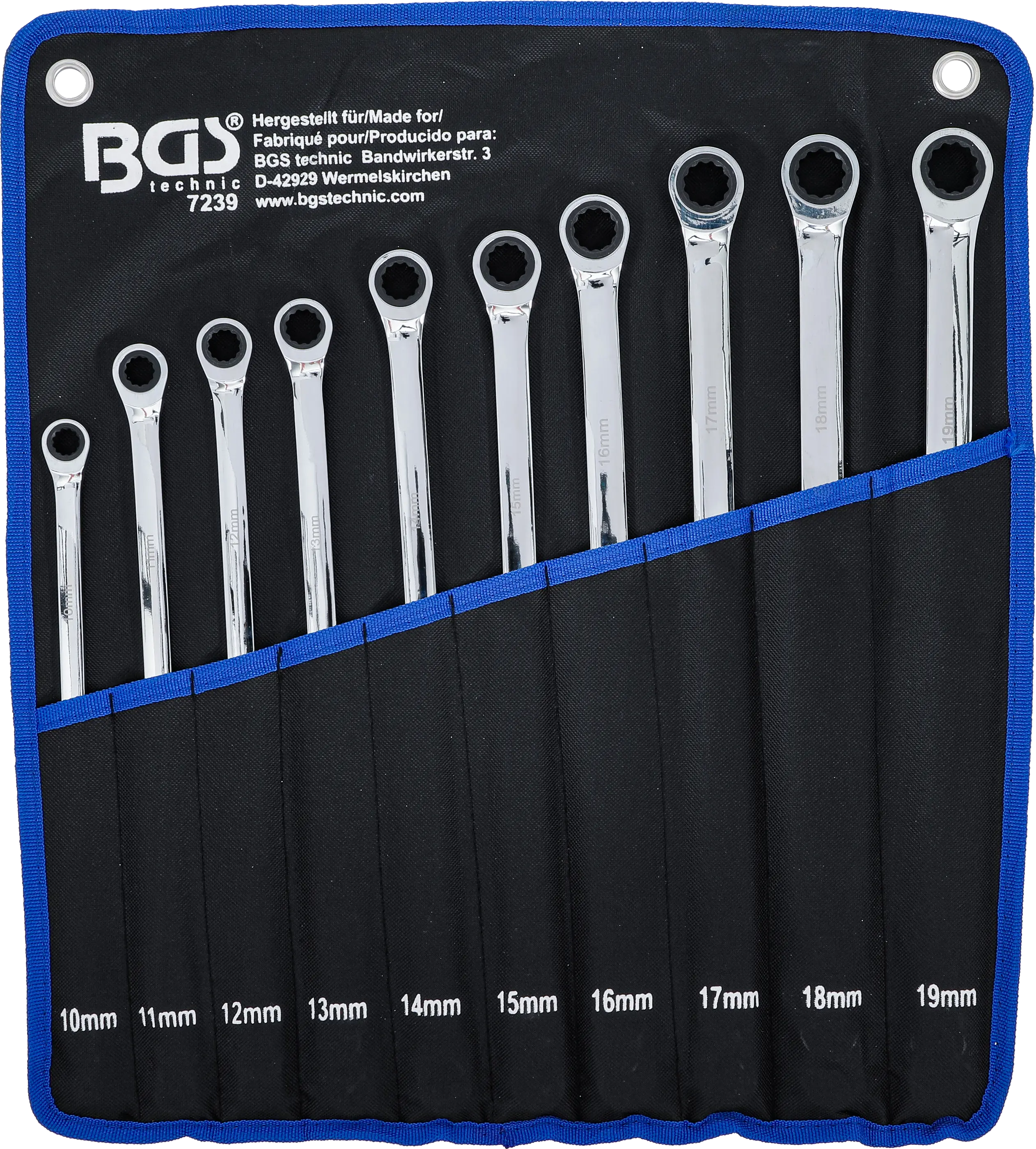 Sada ráčnových očkových dlouhých klíčů, 10 - 19 mm, 10 ks, BGS - B7239