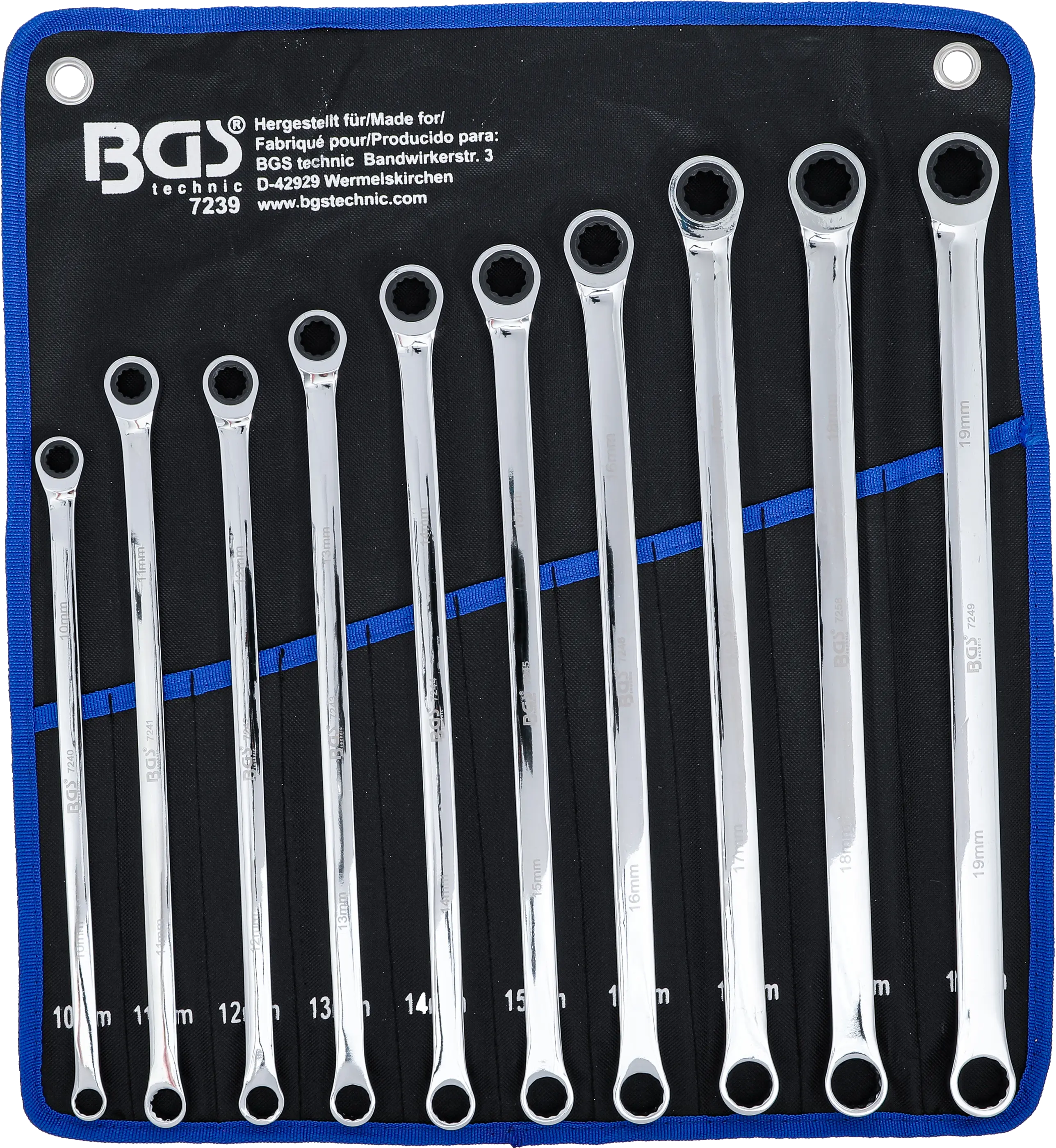 Sada ráčnových očkových dlouhých klíčů, 10 - 19 mm, 10 ks, BGS - B7239