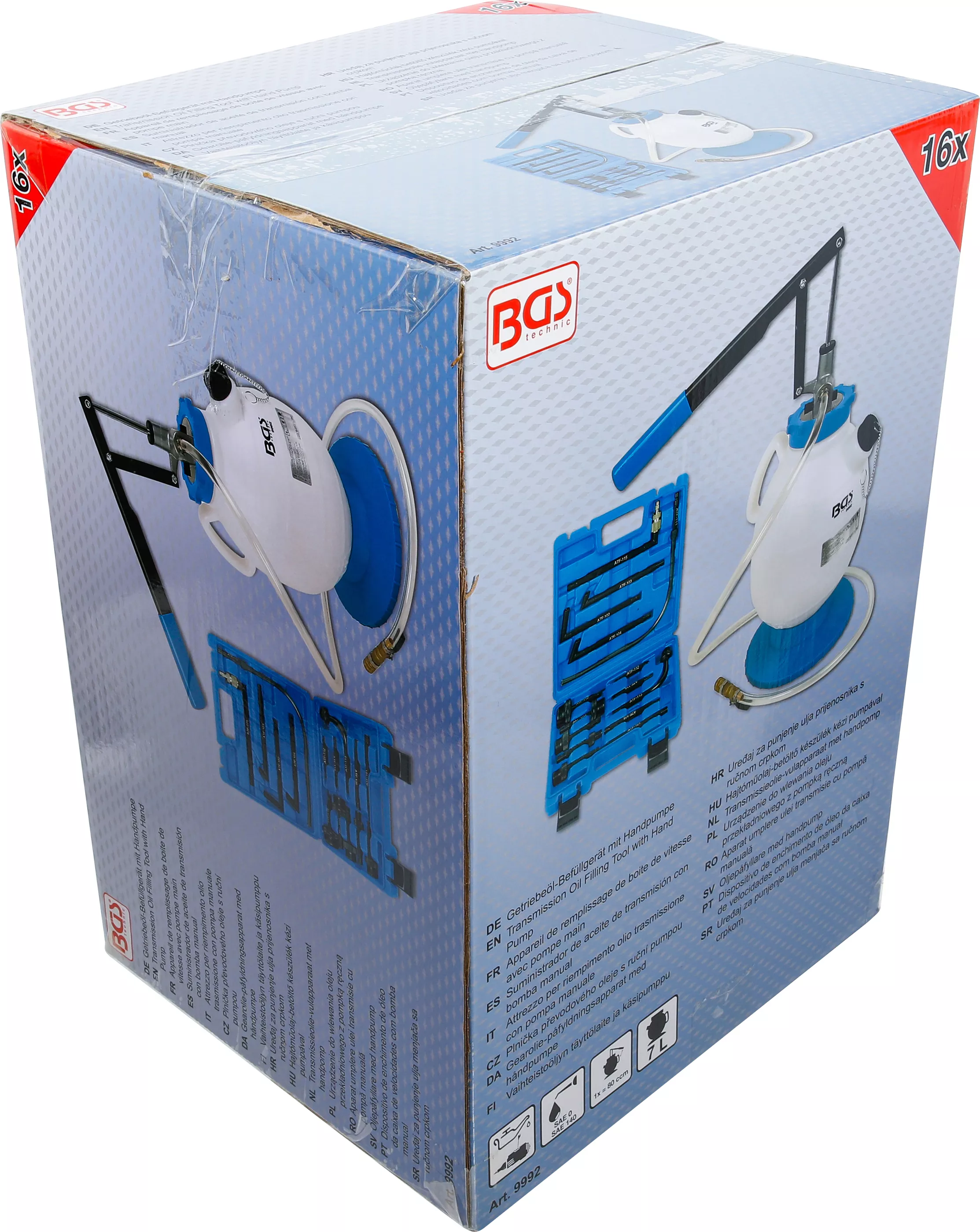 Plnička převodového oleje s ruční pumpou, s 8 adaptéry, 7 l, BGS - B9992