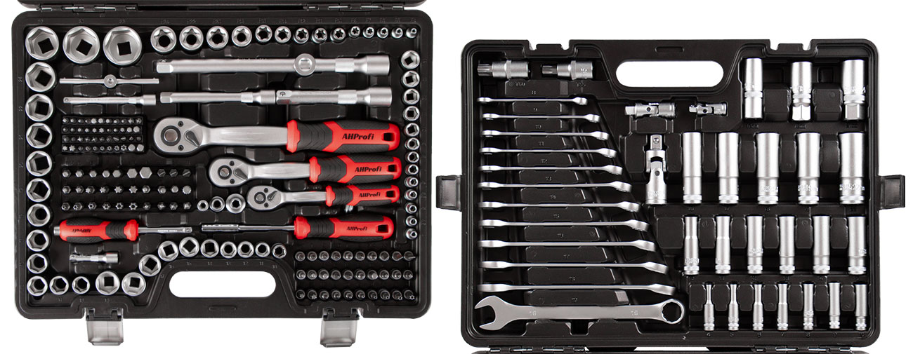 Profesionálna gola súprava 1/4", 3/8" a 1/2" s kľúčmi, 220 ks