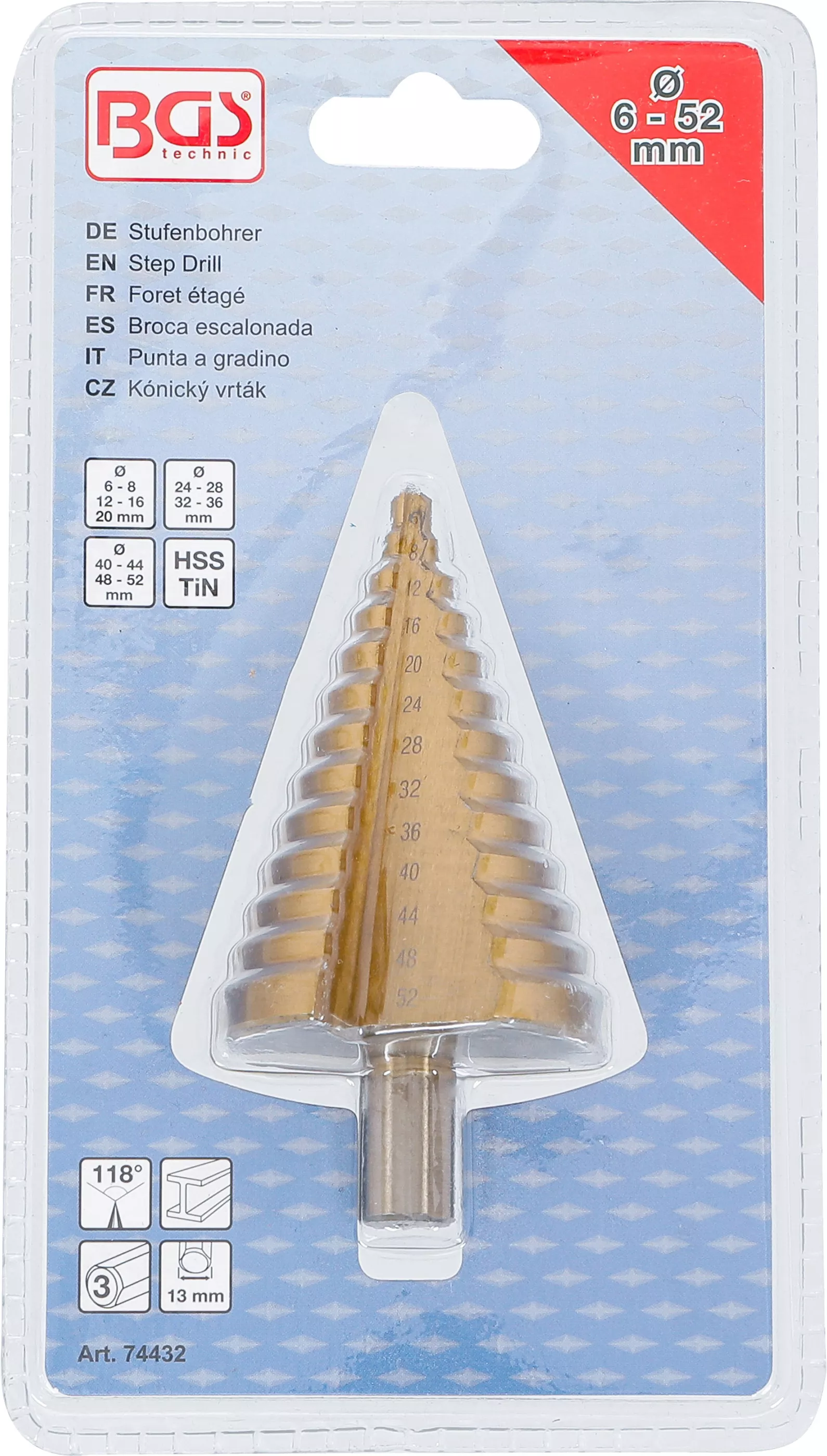 Stupňovitý vrták do kovu s titanovým povrchem, 6 - 52 mm - B74432