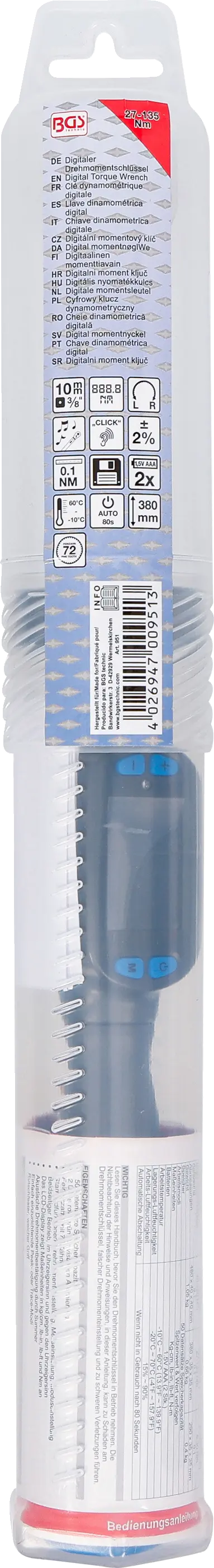 Digitální momentový klíč 3/8", 27 - 135 Nm, BGS - B951