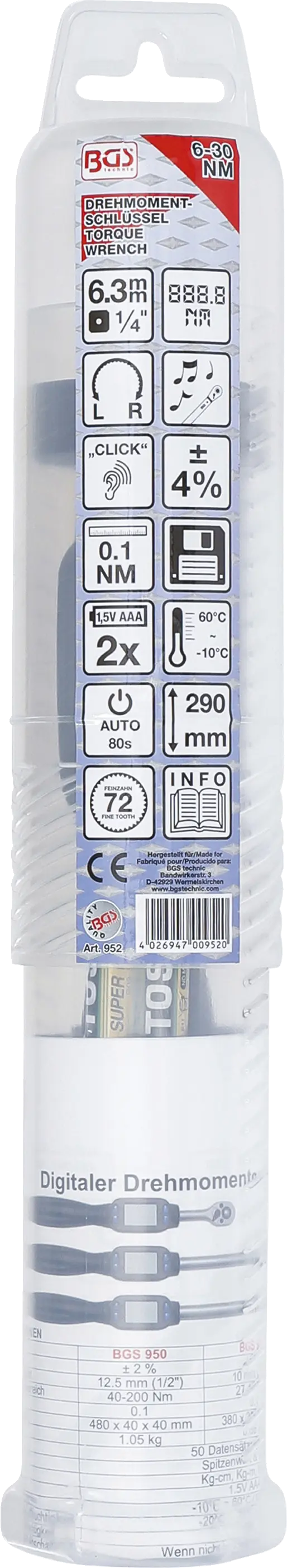 Digitální momentový klíč 1/4", 6 - 30 Nm, BGS - B952