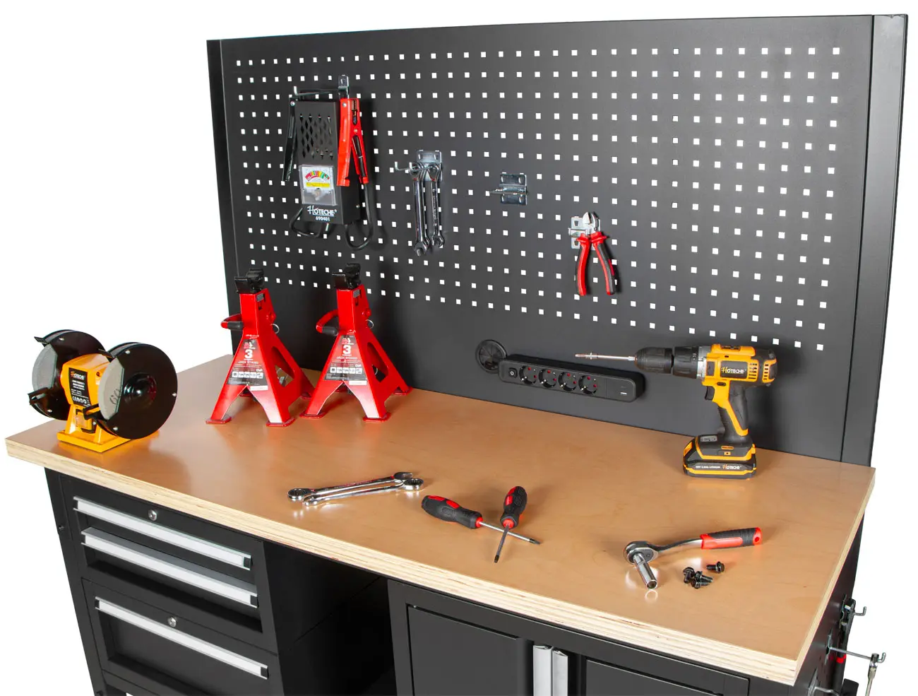 Dílenský stůl EXPERT se zástěnou a 3 moduly, 152 cm, dřevěná deska - TSP6024BAL4