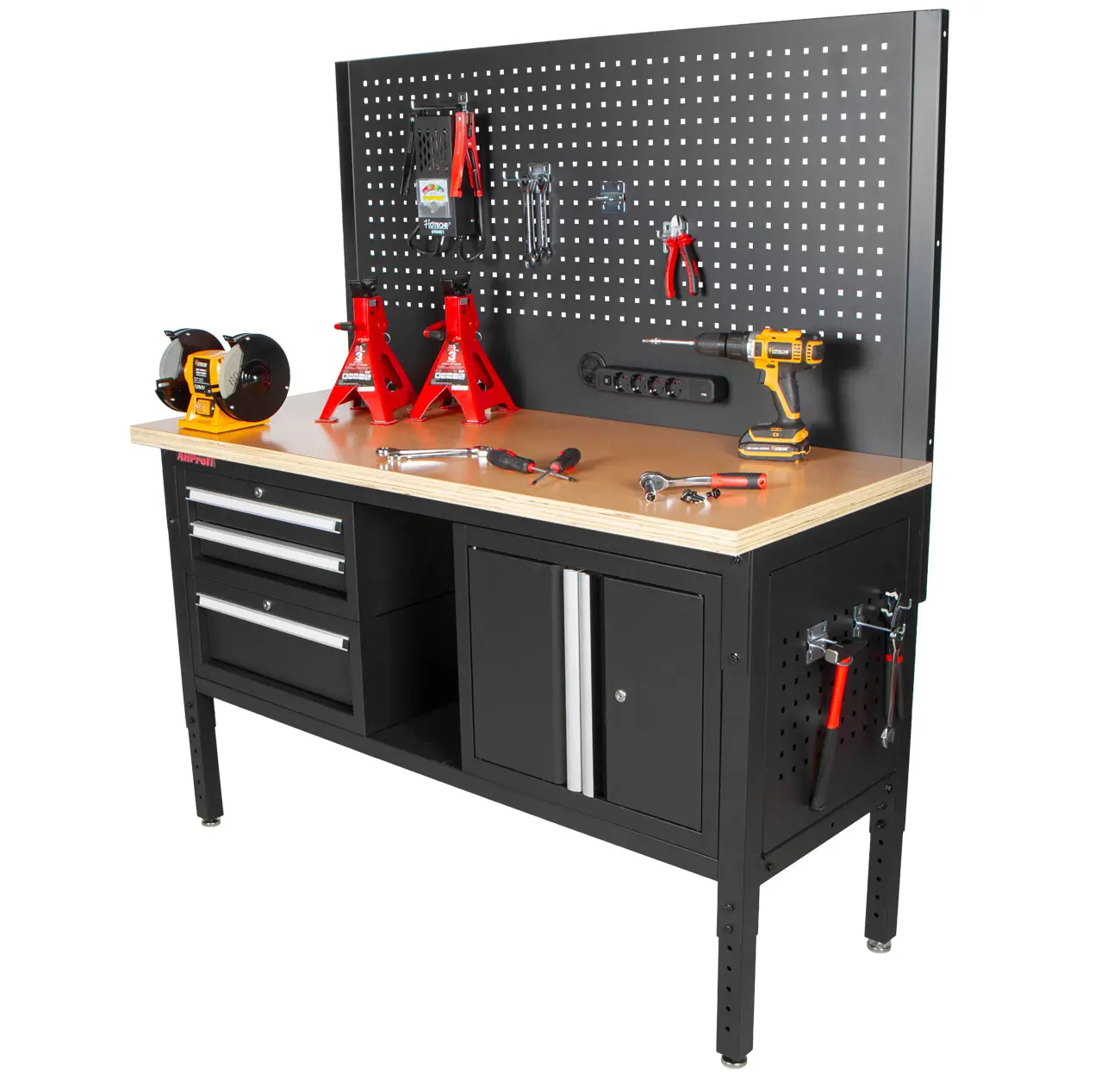 Dílenský stůl EXPERT se zástěnou a 3 moduly, 152 cm, dřevěná deska - TSP6024BAL4