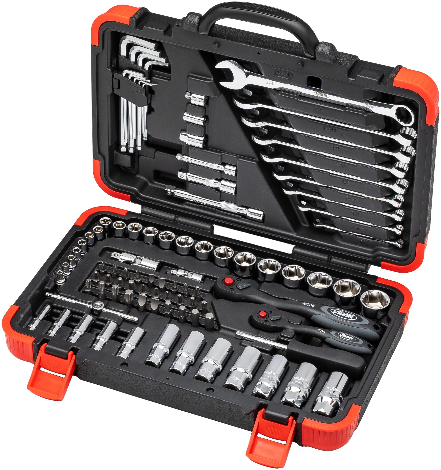 Gola sada palcová, 1/4" a 3/8", 92 ks nářadí, Vigor - V2470N