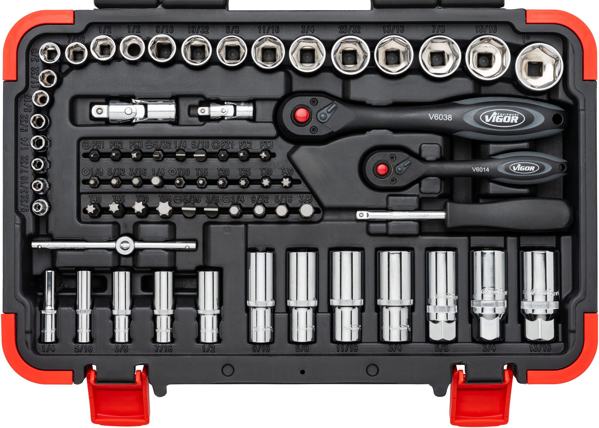 Gola sada palcová, 1/4" a 3/8", 92 ks nářadí, Vigor - V2470N